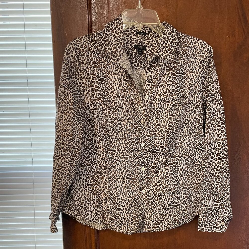 Talbots Leopard Print Stretch Long Sleeve Button Up Size 14 Petite